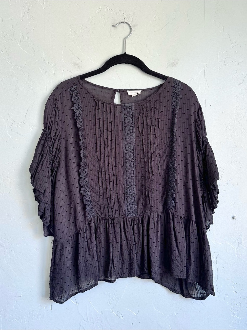 Anthropologie Jennifer & Grace Black Boho Peasant Blouse Medium Flutter Fairy